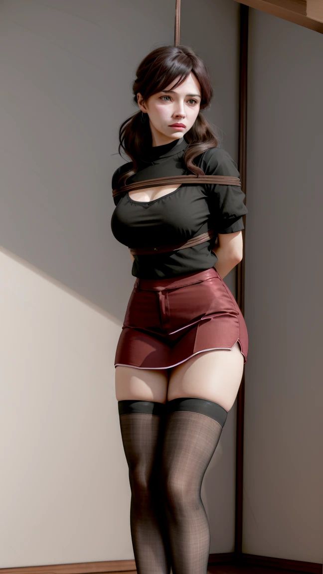 woman, ((Masterpiece, best quality)), full body view, bursting huge breasts, detailed skin,tight blouse, short pencil skirt, pussy in frame ,black pantyhose, highly detailed, cinematic lighting, ultra realistic, blush, looking at viewer, full body, full body in frame,arms behind back, bound, suspension