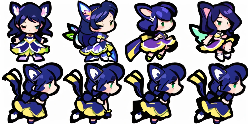 a close up of a cartoon character with different poses, spritesheet, sprite sheet, with familiar sprites, sprites, fairy girl, morgana, default pose neutral expression, twirling, sprite 2 d, shady, green fairy, smol, multiple poses, cute chibi, kawaii