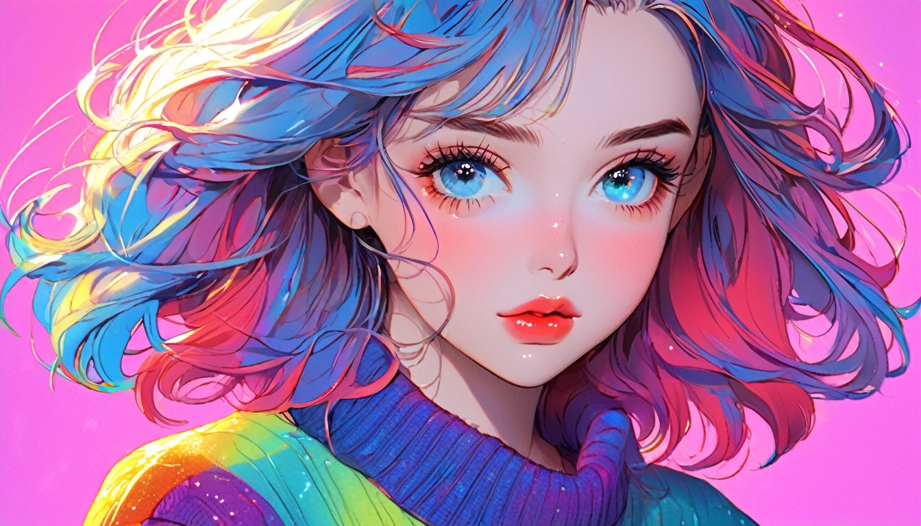 anime ,Realistic ,sketch , 1 Girl, Sparkling blue eyes,Glossy Lips, sweater,Collared shirt、order, Red gradient background, Neon Hair,textured crop, Canadian , (masterpiece,Highest quality,Rainbow Style)