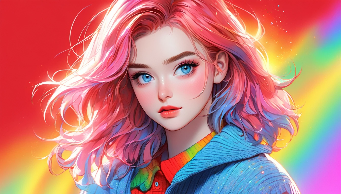 anime ,Realistic ,sketch , 1 Girl, Sparkling blue eyes,Glossy Lips, sweater,Collared shirt、order, Red gradient background, Neon Hair,textured crop, Canadian , (masterpiece,Highest quality,Rainbow Style)