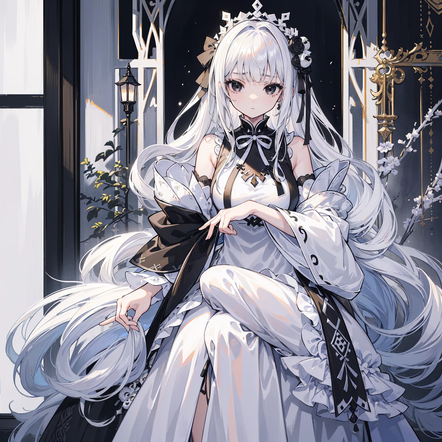 ((Highest quality)), ((masterpiece)), (detailed), Detailed face、Faintly shiny white hair、Long Wavy Hair、curly hair、The forehead is protruding、Curly long hair、Lapis Lazuli Eyes、Aristocratic Dress、clear、Pitiful、One person、beautiful girl、human、One person、flower, Smile、middle ages