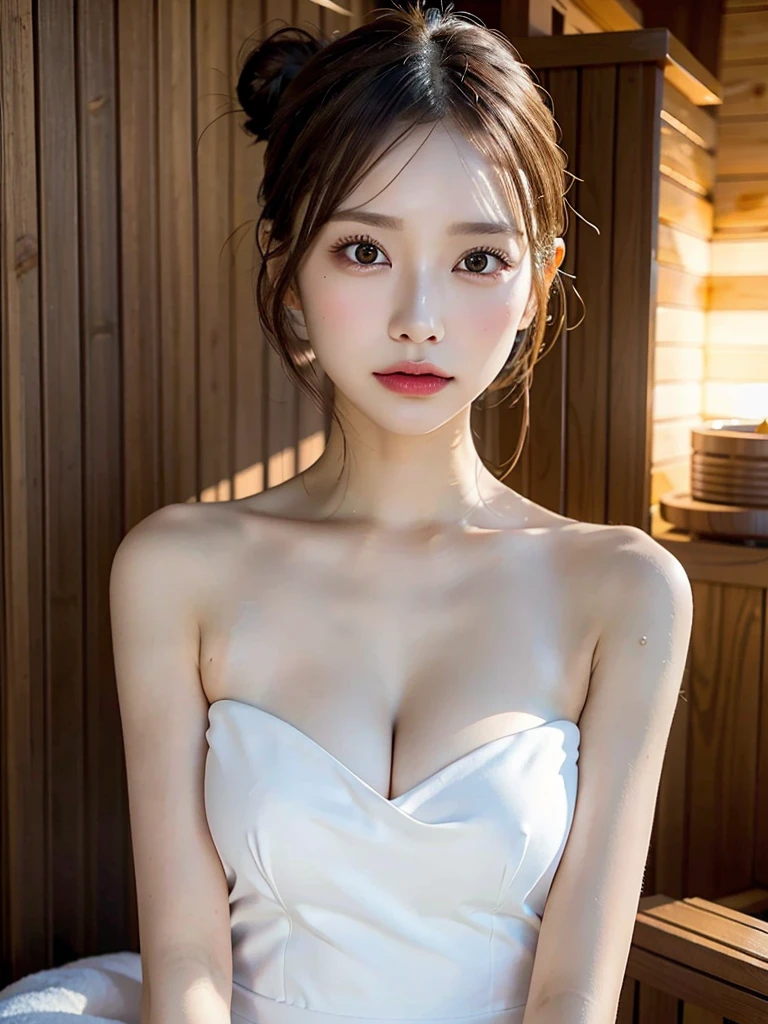 (REALISTIC:1.2), Beautiful Woman, 1 Woman, small breasts:1.2, Slender Body:1.1, ((sauna)), (Wet Body), (white big size towel dress strapless):1.3, (ultra delicate face, ultra Beautiful fece, ultra delicate eyes, ultra detailed nose, ultra detailed mouth, ultra detailed facial features), (hair bun, single braid, dark brown hair), sitting on, Perfectly realistic body, Bright lighting