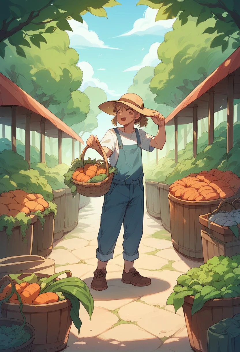 an area of ​​a vegetable garden, it looks like a farmer is plowing the soil in that area. there are several vegetable baskets in the area