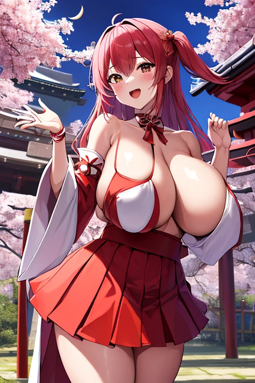 masterpiece、high quality、最high quality、release、Handed over by Haramura, One Girl, solo, Looking at the audience, blush, Laughter, Open your mouth, (Shiny skin:1.2),(Huge boobs:1.8)、(Extremely large breasts:1.4)、Saggy breasts, ((Miko costume)),Pink Hair、Detailed Background, (shrine)、torii、(In the same way、Red Skirt),kimono, Komono,No sleeve,Cherry tree,(night)、moon、night空、performer