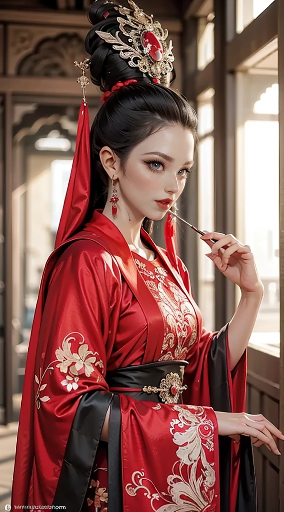 (masterpiece, best quality, Realistically, Work, Extremely detailed, 8K resolution), 1 girl，Light makeup，Exquisite facial features，Smile，Dreamy Hanfu。High heel。Perfect body，Supermodel。 Leg ring。Regular facial features。High quality faces。Smooth and delicate skin。Exquisite facial features。Sexy hot woman。Immortal Cultivator。hairpin。cloak。Model shooting pose。