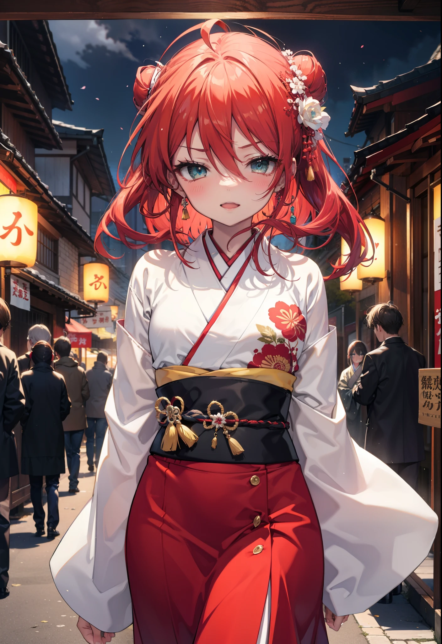 Shana,灼眼のShana,Long Hair, Red hair,Red eyes,Ahoge,smile,blush,Open your mouth,Hair Bun, single Hair Bun,blush,Red Kimono,Thick sleeves,Red long skirt,日本のfestival,夏festivalの屋台,Red lantern,So that the whole body goes into the illustration,Walking, break looking at viewer, Upper Body (Cowboy Shot:1. 5), break outdoors, shrine,festival, break (masterpiece:1.2), Highest quality, High resolution, unity 8k wallpaper, (shape:0.8), (Beautiful and beautiful eyes:1.6), Highly detailed face, Perfect lighting, Highly detailed CG, (Perfect hands, Perfect Anatomy),