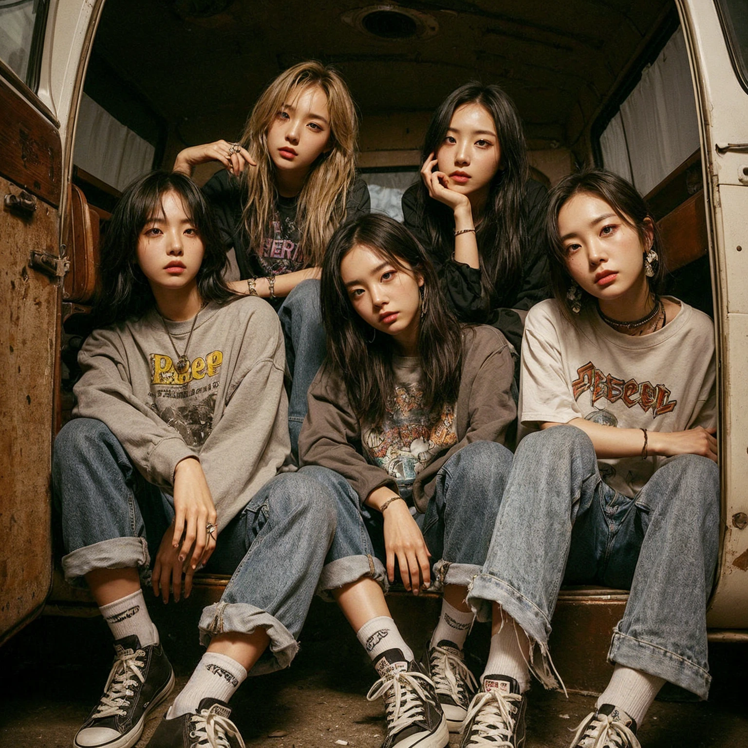 a visually striking five korean female member band photo in a gritty, urban setting. The band should be seated in a rugged van or similar backdrop, evoking a raw. Emphasize a cool, laid-back attitude with casual clothing, such as graphic tees, jeans, and sneakers. Ensure the band's name, “ECHO” is prominently displayed above them in bold, distressed typography. Capture a mood that reflects the essence of early 2000s pop, combining elements of angst, camaraderie