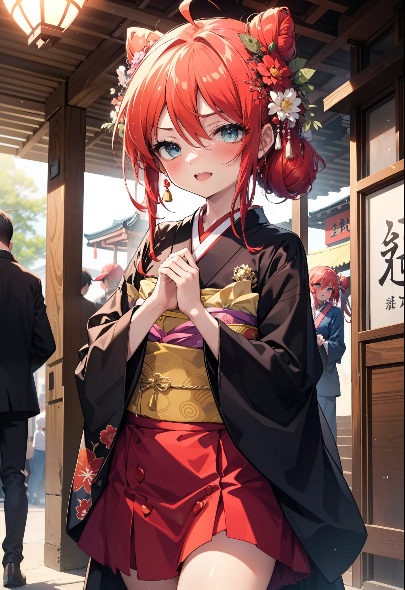 Shana,灼眼のShana,Long Hair, Red hair,Red eyes,Ahoge,smile,blush,Open your mouth,Hair Bun, single Hair Bun,blush,Red Kimono,Thick sleeves,Red long skirt,日本のfestival,夏festivalの屋台,Red lantern,So that the whole body goes into the illustration,Walking, break looking at viewer, Upper Body (Cowboy Shot:1. 5), break outdoors, shrine,festival, break (masterpiece:1.2), Highest quality, High resolution, unity 8k wallpaper, (shape:0.8), (Beautiful and beautiful eyes:1.6), Highly detailed face, Perfect lighting, Highly detailed CG, (Perfect hands, Perfect Anatomy),