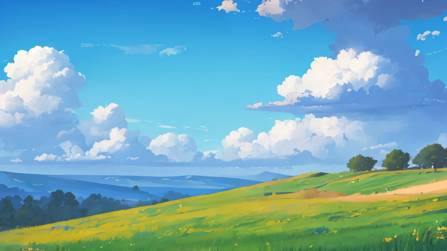 blue sky, grassland, cool character, ghibli style
