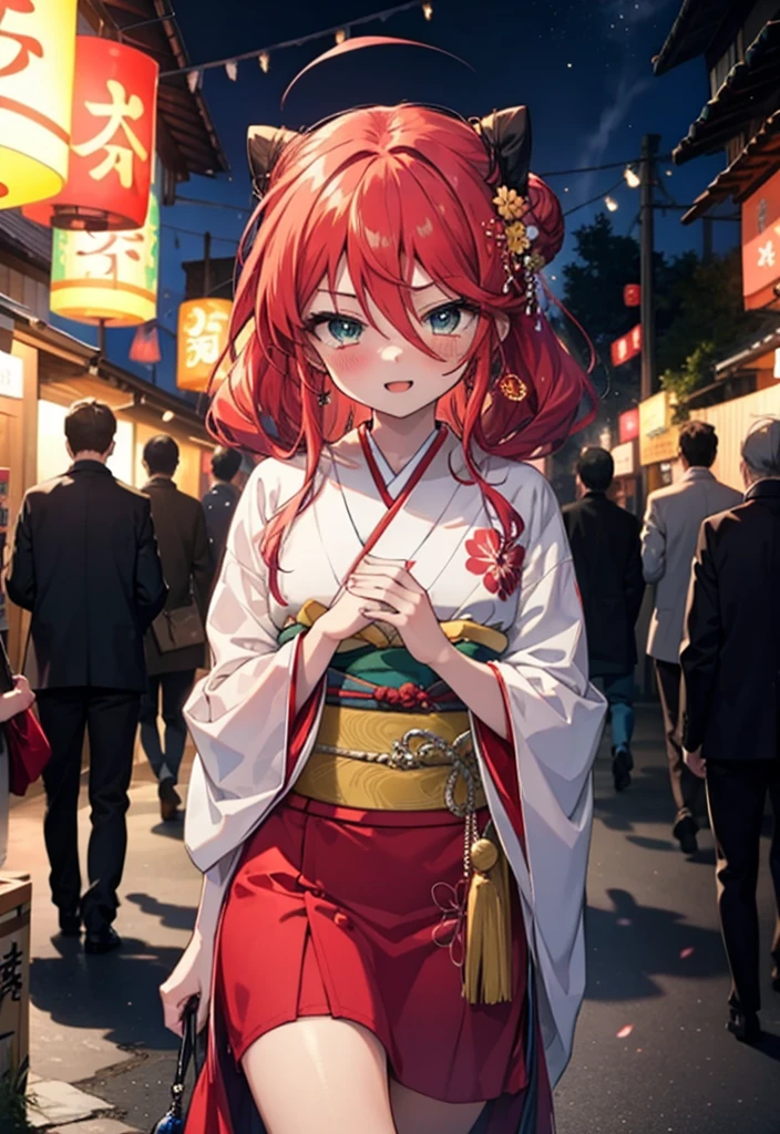 Shana,灼眼のShana,Long Hair, Red hair,Red eyes,Ahoge,smile,blush,Open your mouth,Hair Bun, single Hair Bun,blush,Red Kimono,Thick sleeves,Red long skirt,日本のfestival,夏festivalの屋台,Red lantern,So that the whole body goes into the illustration,Walking,　　　　　　　　　　　  break looking at viewer, Upper Body (Cowboy Shot:1. 5),  　　　　　　　　　　　　　　　　　　break outdoors, shrine,festival, 　　　　　　　　　　　　　break (masterpiece:1.2), Highest quality, High resolution, unity 8k wallpaper, (shape:0.8), (Beautiful and beautiful eyes:1.6), Highly detailed face, Perfect lighting, Highly detailed CG, (Perfect hands, Perfect Anatomy),