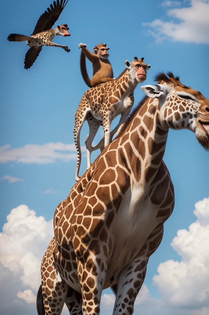 A monkey flying on top of a giraffe 