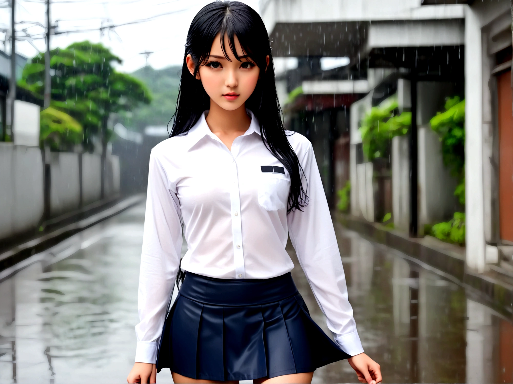 ((Nipples visible through a wet white shirt))、No underwear、Full body view、Long straight black hair、high school student、uniform、sexy、No bra、mini skirt、Japanese、************、