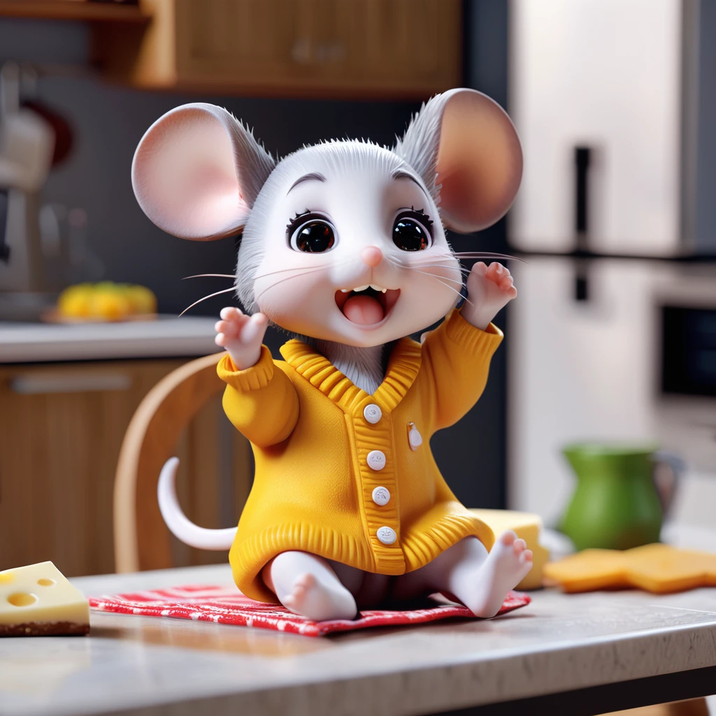 A hyperrealistic full body of a cute and adorable small cartoon character anthropomorphic mouse baby, sweater,first prominent tooth, sit on a giant kitchen table eating a bit of cheese, rendered in Unreal Engine 5.This 3D character has a happy expression, kitchen in the backdrop, in dynamic posing,Octane Render.It's a cute character art piece, resembling a Pixar character,presented in a stop-motion style digital painting,tilt-shift effect,sharp focus,vibrant colors, high saturation and contrast,post processing,HDR, 8k