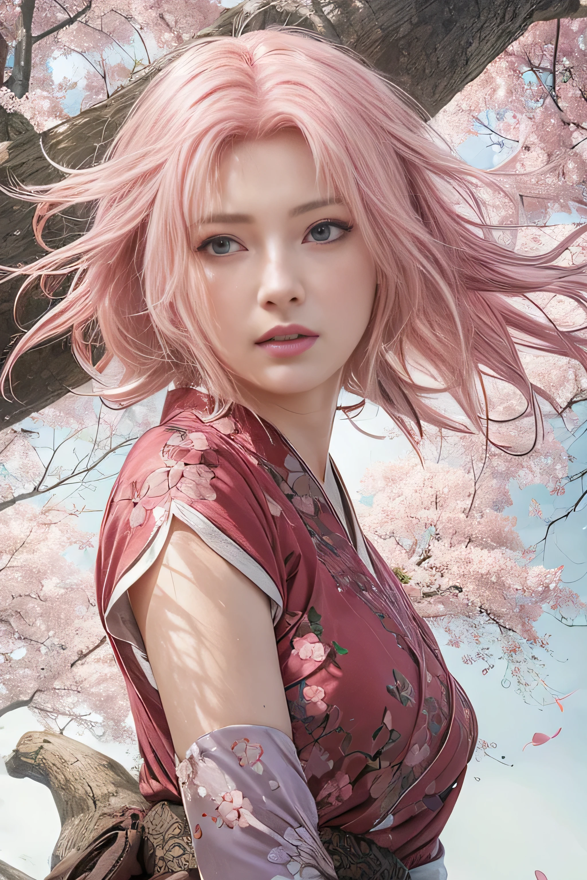 masterpiece, best quality, (realistic,photo-realistic:1.4), (RAW photo:1.2), extremely detailed CG unity 8k wallpaper, delicate and beautiful, amazing,finely detail, official art, absurdres, incredibly absurdres, huge filesize, ultra-detailed,extremely detailed eyes and face,light on face,little smile,(pink hair:1.4),short hair,(wearing red kimono:1.4),green eyes,garden,sakura haruno