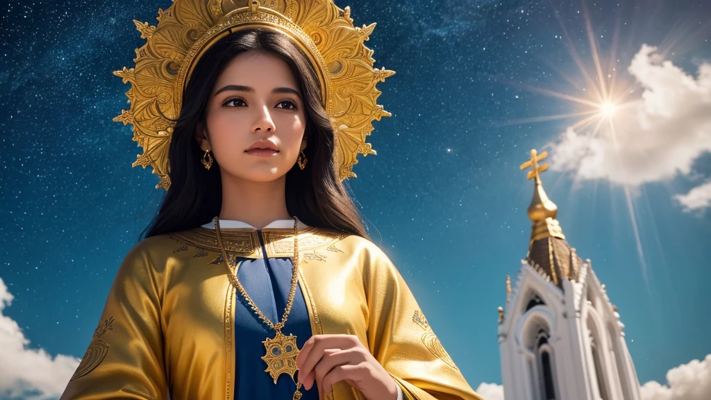 "Create an image of Our Lady of Aparecida, patron saint of Brazil, in a realistic style, with a serene and welcoming expression. She should be dressed in a blue and gold mantle, decorated with stars and detailed embroidery. The image should have a golden crown on her head, with delicate, sparkling details. The background should be a heavenly scene, with soft clouds and radiant light emanating from Our Lady. The resolution should be cinematic and 4K, with vibrant colours and an impressive touch of realism."