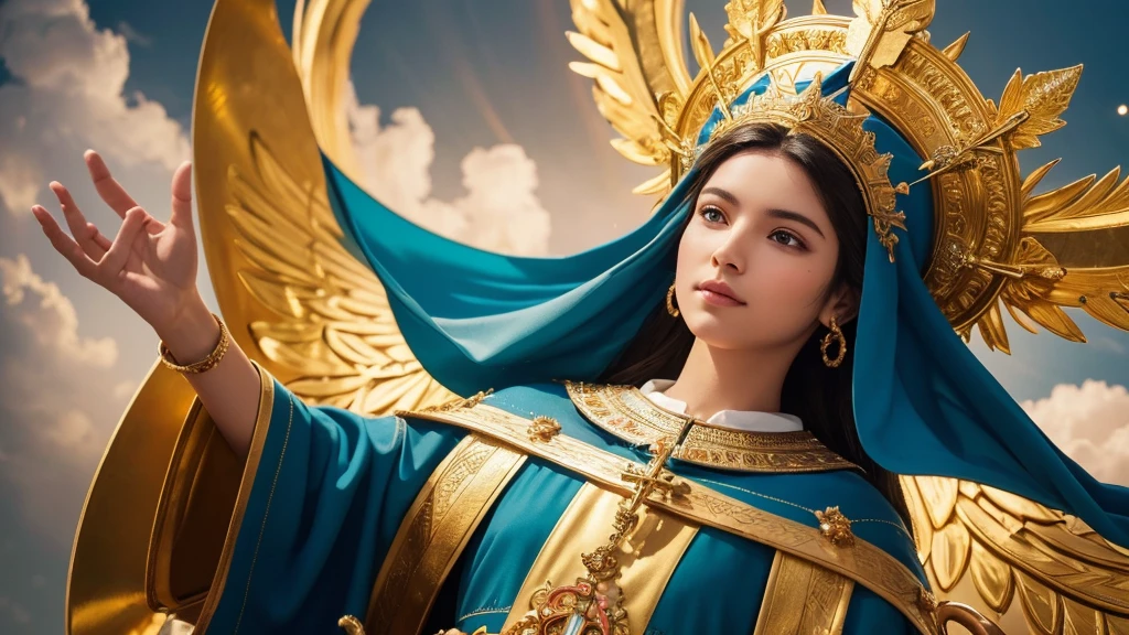 "Create an image of Our Lady of Aparecida, patron saint of Brazil, in a realistic style, with a serene and welcoming expression. She should be dressed in a blue and gold mantle, decorated with stars and detailed embroidery. The image should have a golden crown on her head, with delicate, sparkling details. The background should be a heavenly scene, with soft clouds and radiant light emanating from Our Lady. The resolution should be cinematic and 4K, with vibrant colours and an impressive touch of realism."