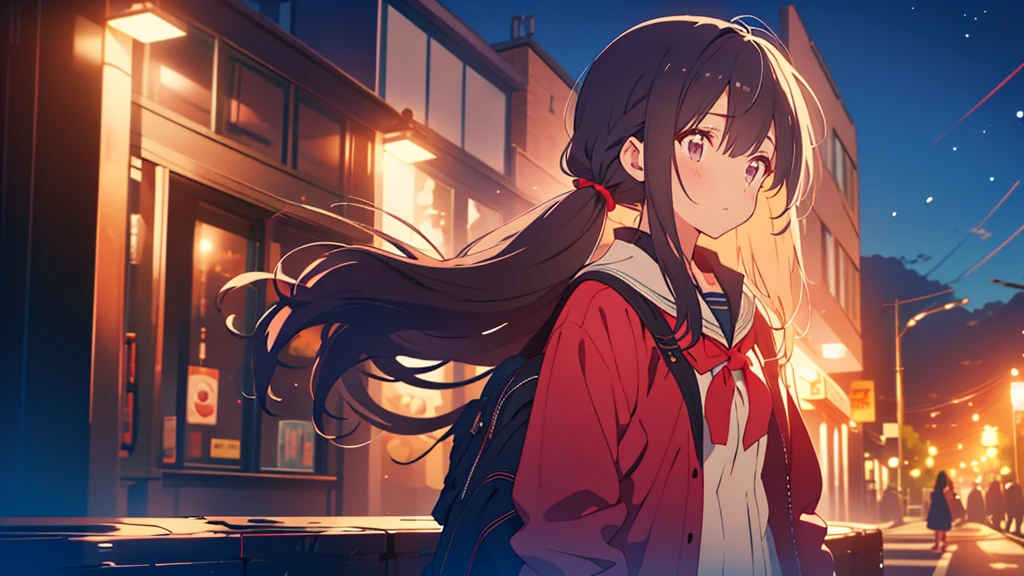 bangs, Long Hair, Hair above the eyes, Lost in Thought, Side Ponytail, Anime Style, 超High resolution, masterpiece, Textured skin, High resolution, Highest quality, High school girl standing on a street corner, in the evening,