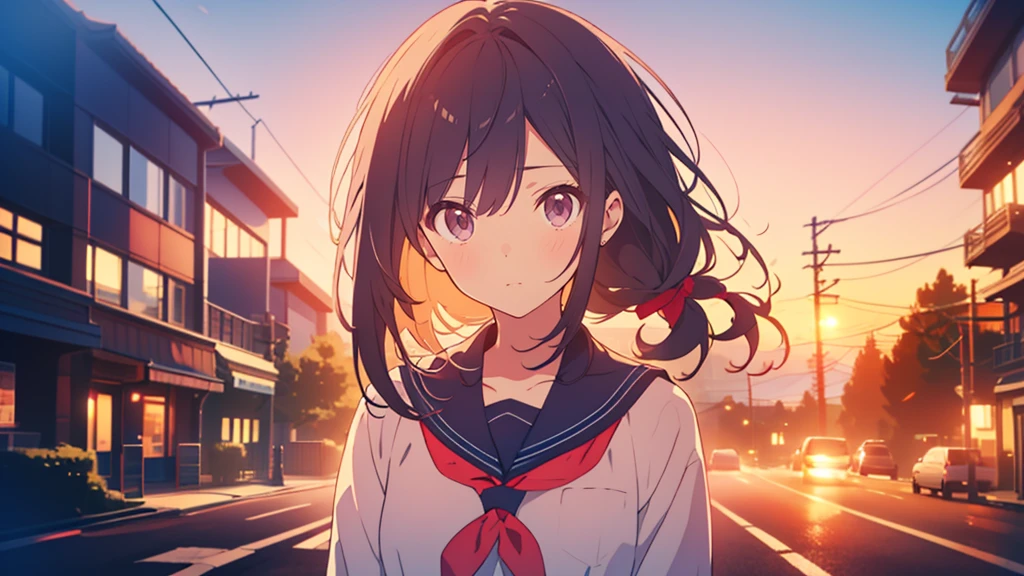 bangs, Long Hair, Hair above the eyes, Lost in Thought, Side Ponytail, Anime Style, 超High resolution, masterpiece, Textured skin, High resolution, Highest quality, High school girl standing on a street corner, in the evening,