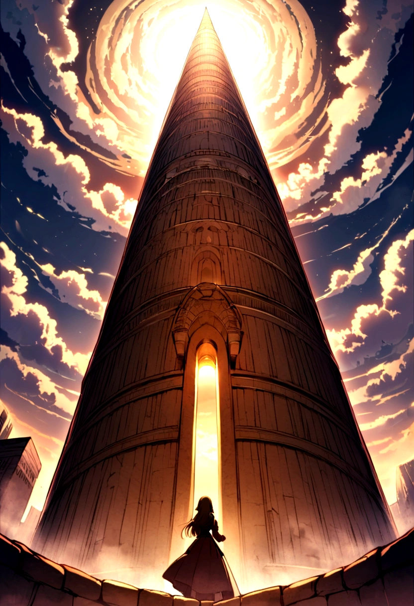 The huge and tall Tower of Babel、The top is higher than the clouds and cannot be seen、Camera angle looking up、Genesis