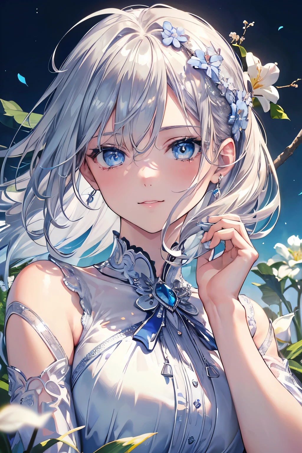 (Best quality,4K,8K,High resolution,Masterpiece:1.2),Super detailed,(Actual, Realistic),
break,
((Beautiful clear blue eyes:1.2)),
break,
((Beautiful and shiny silver hair:1.3)),shy smile,
break,
picking flowers