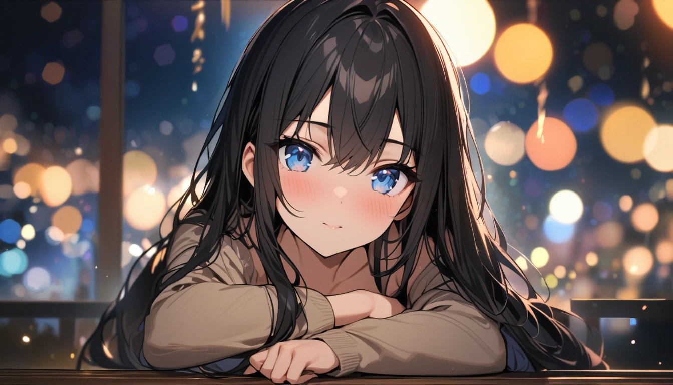 Full resolution, Highest quality, masterpiece, Full HD, Bokeh, particle Bokeh, Depth of written boundary,  Beautiful girls, Very detailed, One girl, pretty girl, Black Hair, Long Hair, Blue water eyes
