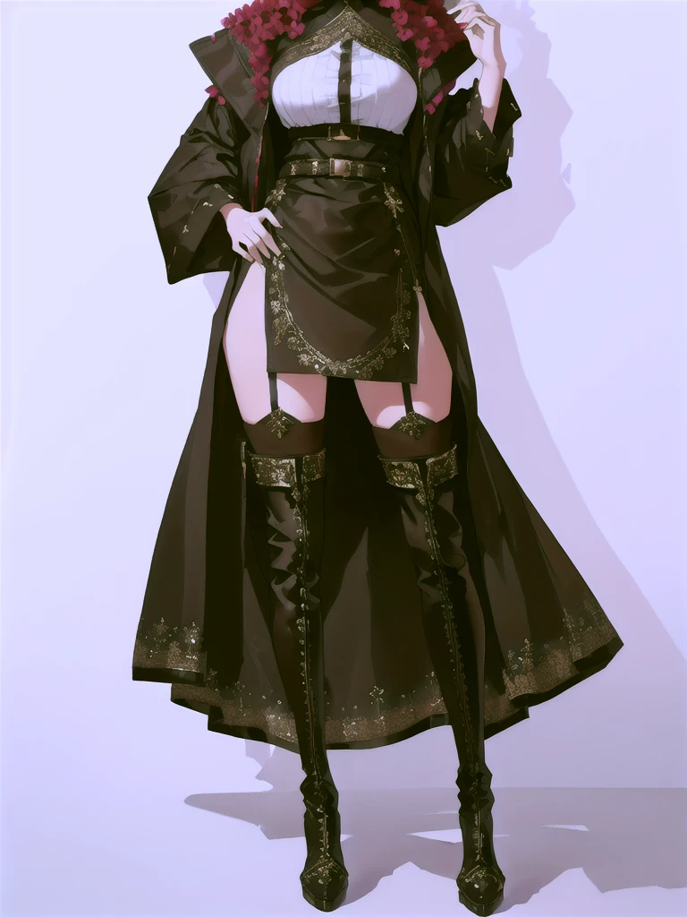A beautiful Arabic woman in a skirt and thigh-high boots, full body photo, fashion portrait, mid-body shot, wearing a skirt, full body front view, full body shot, half-body shot, knee socks and skirt, full body wide shot, casual pose, full body, cute face, amaranthus
