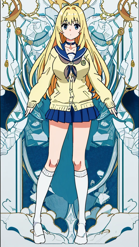 ((masterpiece、Highest quality、8K、One Woman))、(whole body、Are standing)、Blonde、high school girl、Bursting Busty、Large Breasts、Big Boobs、Sailor suit、cardigan、mini skirt、choker、Knee-high socks、Exquisite face、Perfect hands、Perfect body、Perfect legs