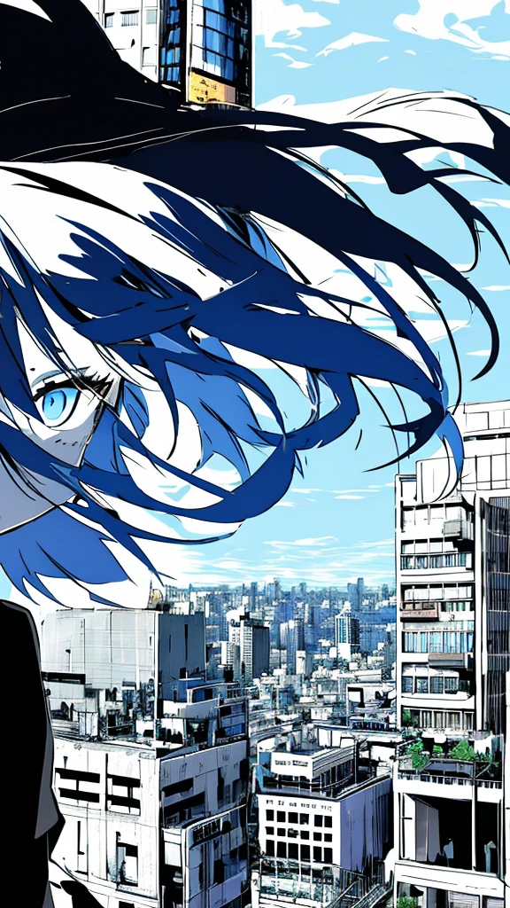 monochrome color, Blue Art, grayscales、masterpiece、top-quality、Top image quality、straight haired、Hanging eyes、kawaii、A darK-haired、blue eyes、the wind、Buildings,Tokyo