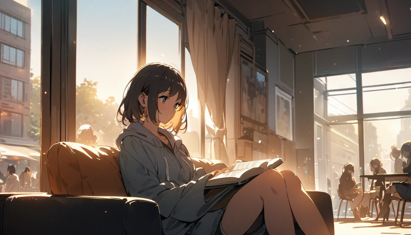 Girl sitting on sofa reading a book,In front of a large window,Morning sunlight,Streetscape、listen to music、People are far away