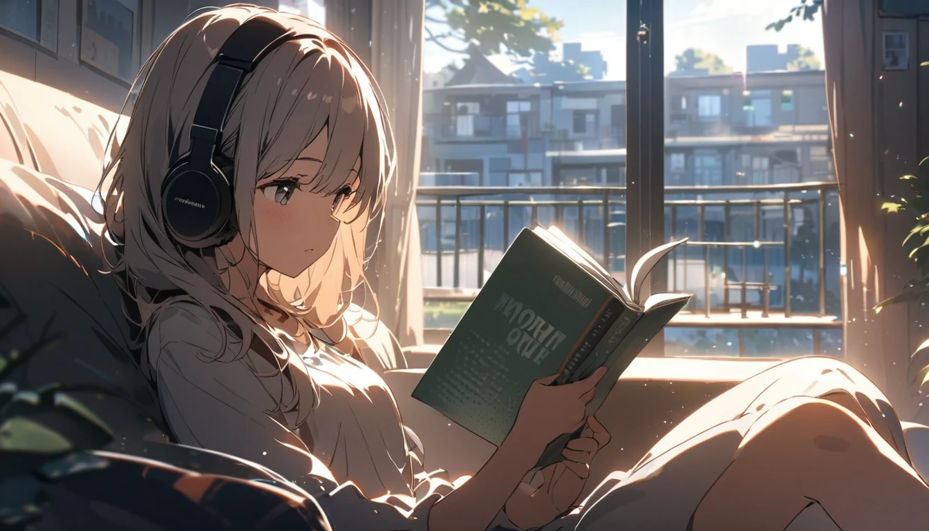 Girl sitting on sofa reading a book,In front of a large window,Morning sunlight,Streetscape、listen to music、People are far away