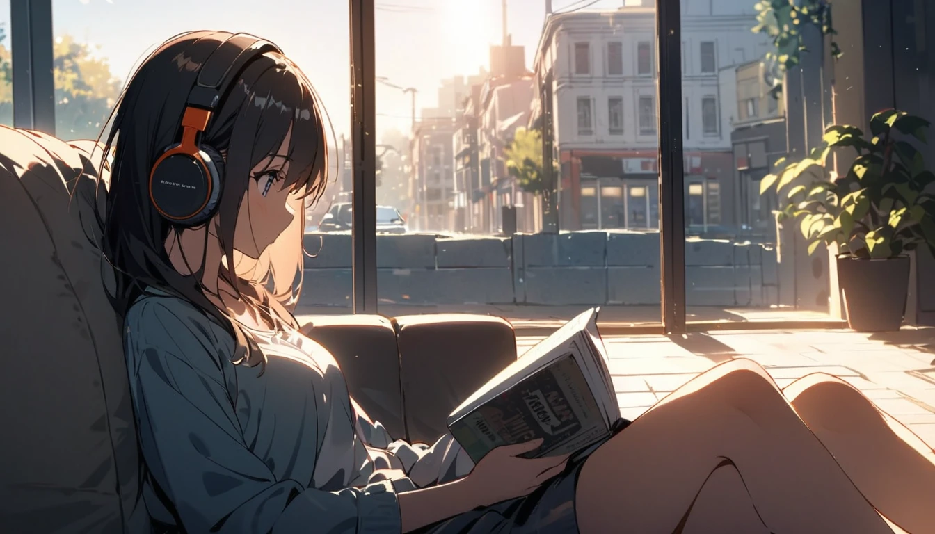 1girl, solo, gentle smile on her face flat chest, short hair, black hair, upper body, ((masterpiece, illustration, best quality)) ((best quality)), ((masterpiece)), (detailed), perfect face, sitting under the Rainbow Eucalyptus (Eucalyptus deglupta), listening to music, One woman, wearing headphones, eyes closed, wearing a hoodie