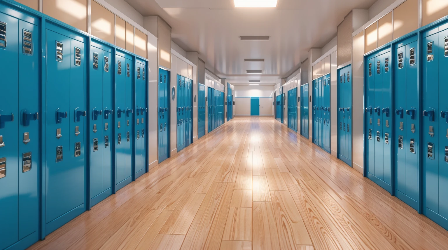 The image depicts a long, empty hallway with blue lockers on the walls, leading to a door at the end, smooth 3d model, glossy plastic texture, multiple light sources, rim light, sharp post effects render, most beautiful vfx, , realistic, 4k, high resolution, rim light, smooth 3d model. , glossy texture, smooth 3d model, multiple light sources, rim light, sharp post effects render, (glossy plastic texture with multiple big light probe refractions), perfect cgi, reflective, best quality, 4k, masterpiece:1.2, ultra-detailed, realistic, vivid colors, The image of the highest quality, ensuring every detail showcased perfectly. It in 4k resolution, allowing viewers to immerse themselves in the richness of the colors and intricate details. The realistic rendering. under the spotlight, reflecting, high-resolution image, realistic rendering