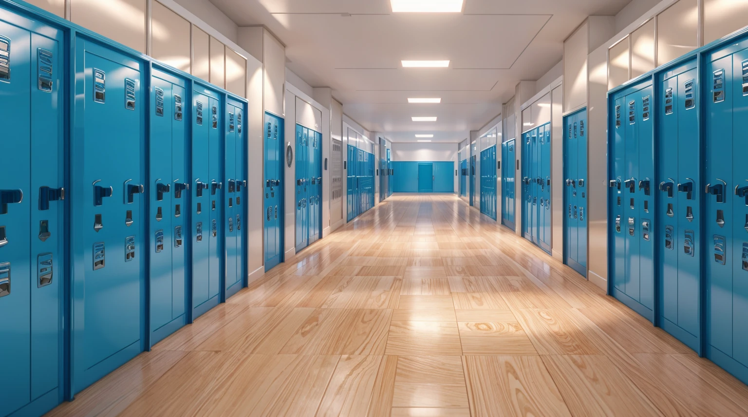 The image depicts a long, empty hallway with blue lockers on the walls, leading to a door at the end, smooth 3d model, glossy plastic texture, multiple light sources, rim light, sharp post effects render, most beautiful vfx, , realistic, 4k, high resolution, rim light, smooth 3d model. , glossy texture, smooth 3d model, multiple light sources, rim light, sharp post effects render, (glossy plastic texture with multiple big light probe refractions), perfect cgi, reflective, best quality, 4k, masterpiece:1.2, ultra-detailed, realistic, vivid colors, The image of the highest quality, ensuring every detail showcased perfectly. It in 4k resolution, allowing viewers to immerse themselves in the richness of the colors and intricate details. The realistic rendering. under the spotlight, reflecting, high-resolution image, realistic rendering