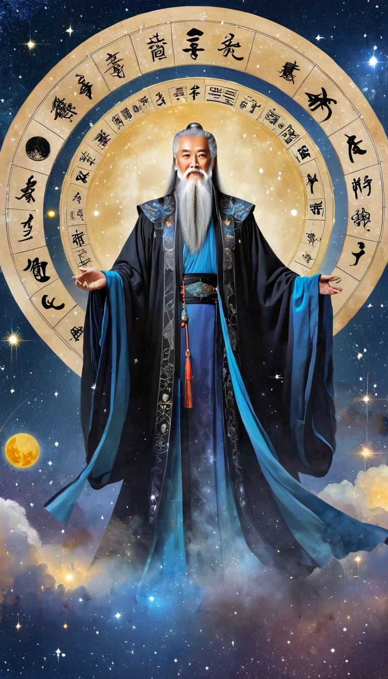 Oriental Fortune Teller，The old immortal on the top of the stars，Elders，White beard and long white eyebrows，Black loose hanfu robe，Looking at the stars，Galaxy Tai Chi Bagua Diagram，artistic conception，large quantities of，Runes，发光Runes和星星，Dark background
