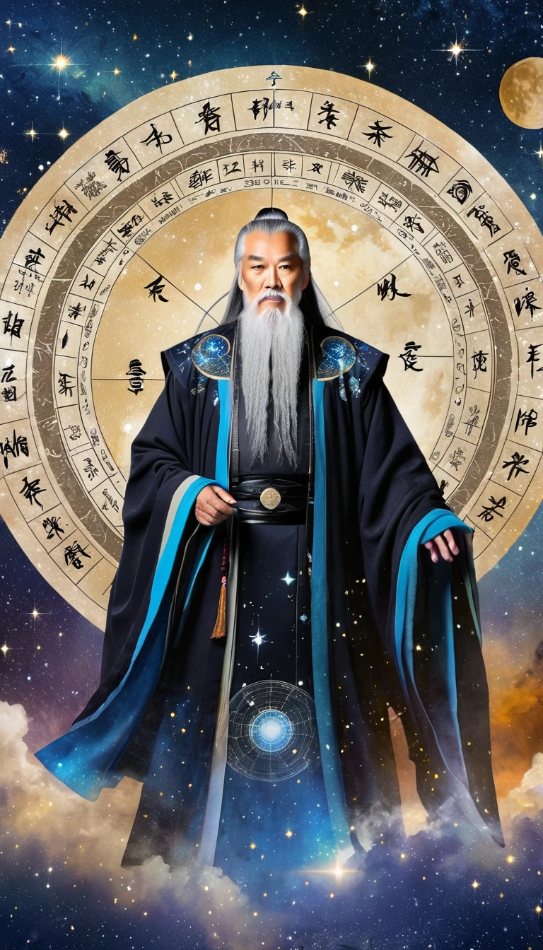 Oriental Fortune Teller，The old immortal on the top of the stars，Elders，White beard and long white eyebrows，Black loose hanfu robe，Looking at the stars，Galaxy Tai Chi Bagua Diagram，artistic conception，large quantities of，Runes，发光Runes和星星，Dark background
