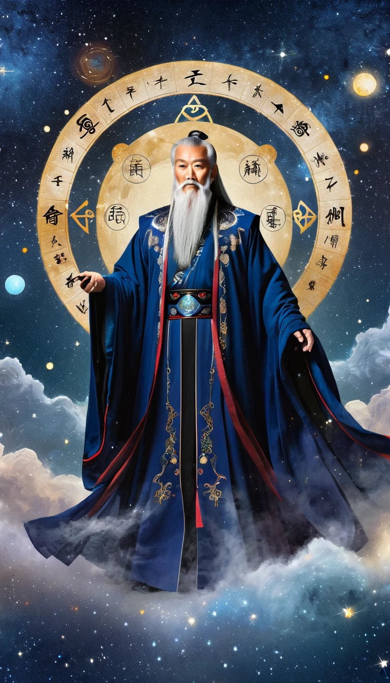 Oriental Fortune Teller，The old immortal on the top of the stars，Elders，White beard and long white eyebrows，Black loose hanfu robe，Looking at the stars，Galaxy Tai Chi Bagua Diagram，artistic conception，large quantities of，Runes，发光Runes和星星，Dark background
