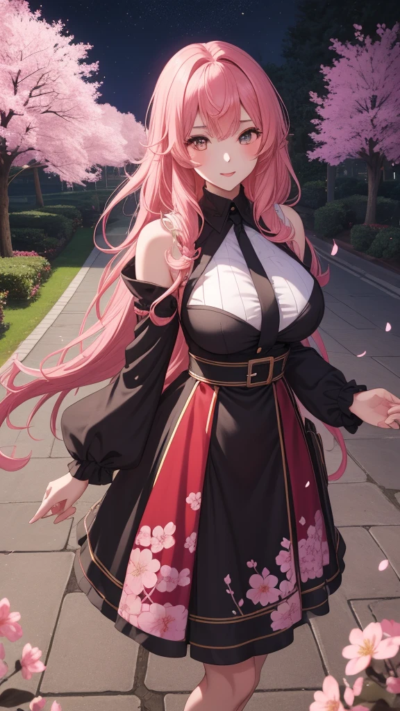 4k,(((1girl))),A sexy&cool female in the gohei at night,Navia,detail,huge filesize,artbook,Cinematic Lighting,solo,night,Cherry blossom tree,cherry blossoms,slender_waist,glamor,, (masterpiece, high resolution, best quality:1.4, breathtaking, ultra detailed)