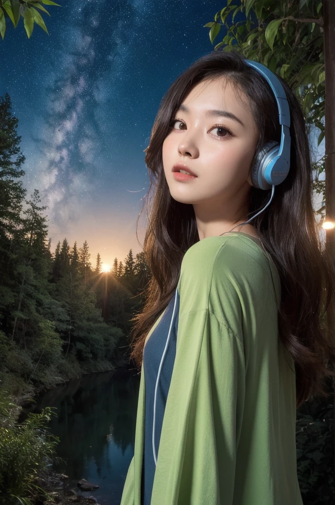 beautiful girl headphone Moonlit Night forest