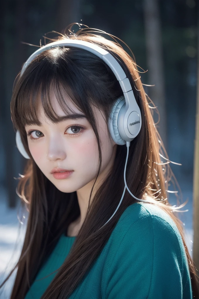 beautiful girl　headphone　Moonlit Night　forest　