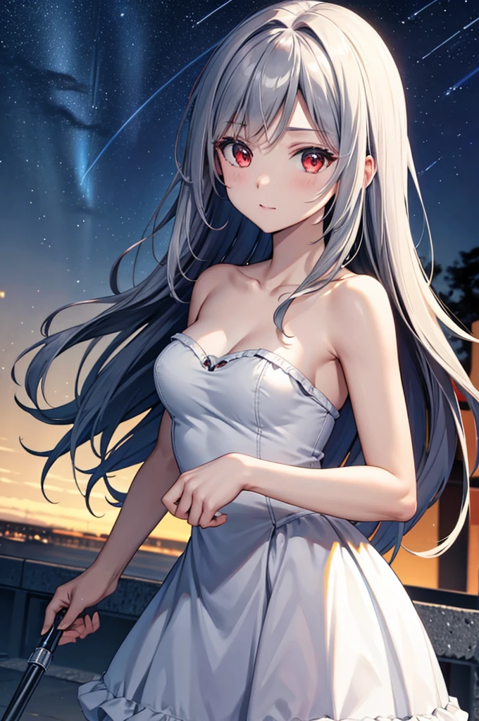 (masterpiece:1.3), (best quality:1.1), (8k, ultra detailed, ultra high res:1.3), anime style, perfect 5 fingers, perfect anatomy, (Strapless dress:1.2),
1girl, small breasts, long hair, wavy hair, white hair, BREAK red eyes, looking at viewer, shoot from front,
BREAK cowboy shot, BREAK outdoor, aurora, at night, Starry Night Sky with Shooting Stars,