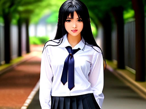 ((Nipples visible through a wet white shirt))、No underwear、Full body view、Long straight black hair、high school student、uniform、sexy、No bra、mini skirt、Japanese、、