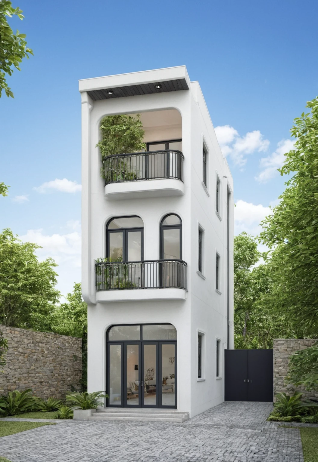 Modern garden house with pure white walls, light blue and gray cars and striking black door frames, combined with light glass to create an open, airy space. The pillars are covered with natural stone, providing a sustainable, rustic beauty. The house is located in the middle of a spacious garden, surrounded by lush tropical greenery. The clear blue sky with gently drifting white clouds creates a peaceful, relaxing scene.