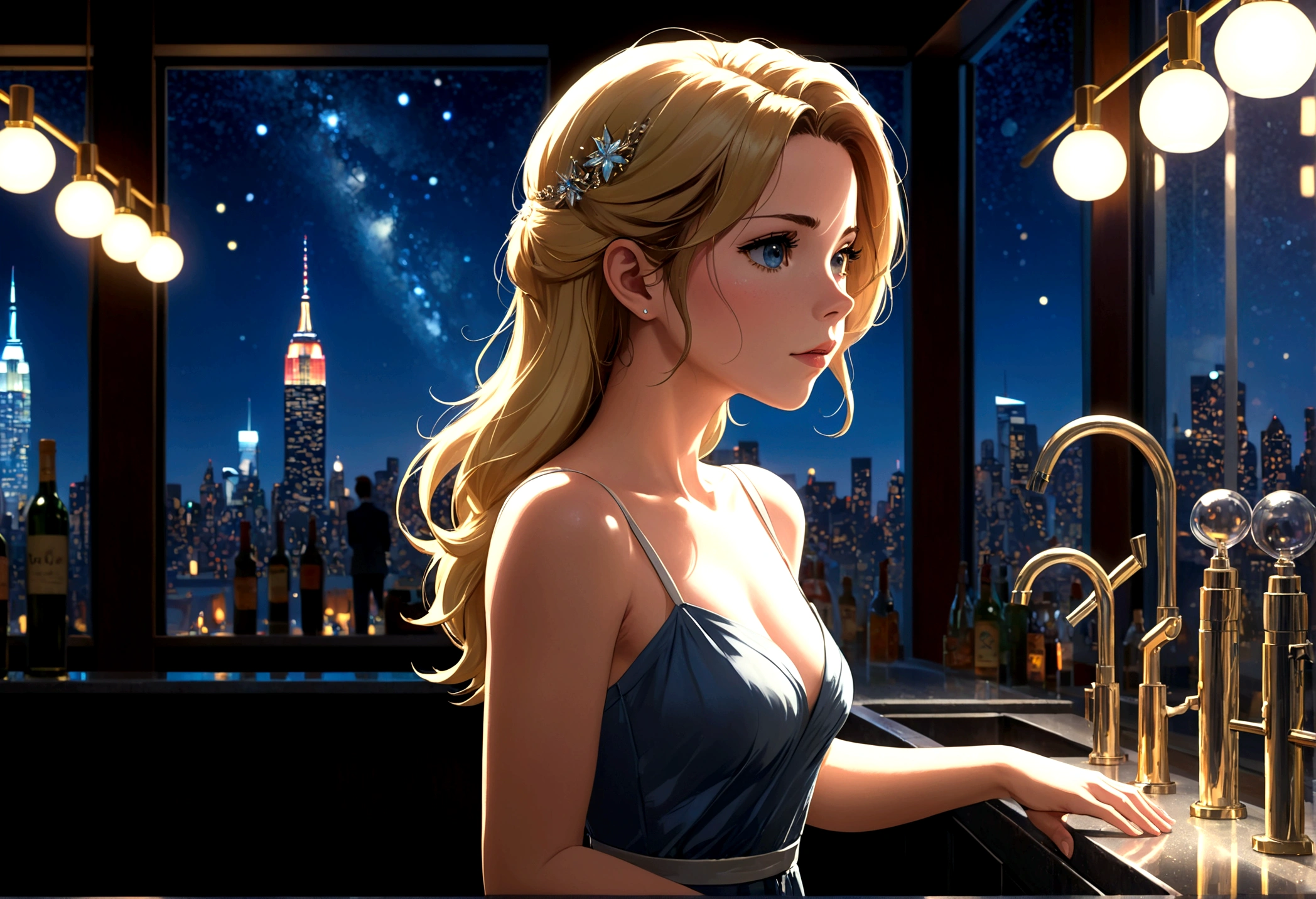 Uses Makoto Shinkai'The depiction is perfect,Portrait of Kate Beckinsale,8k 4k masterpiece photo ,new york,Glass ceiling jazz bar,I can see the twinkling stars through the glass window.,that'Outside in the dark night,Jazz is playing,Profile close-up,Beautiful profile,Calm expression,Semi-long hair,Blonde,Landscape,Look in a different direction,Standing alone at the counter,Tube top dress,Large bust