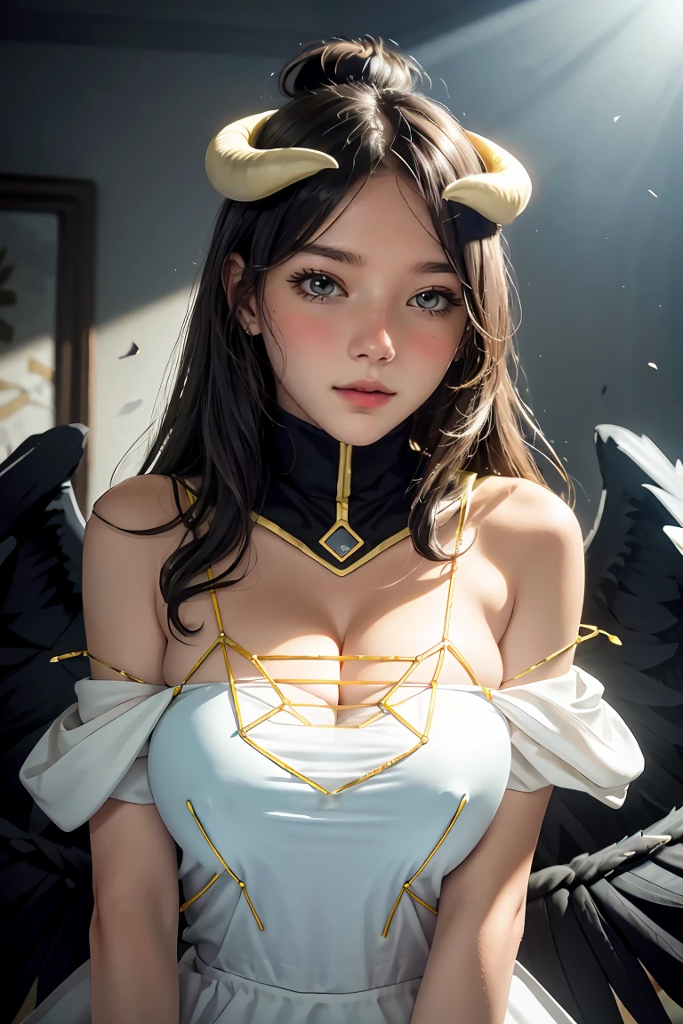 Masterpiece, Best quality, Ultra-detailed, illustration, epic lighting, Cinematic composition, isometry,(hexagons:1.2), 1girll, Horns, Solo, Yellow eyes, Black hair, Long hair, (Low wing:1.2), Large cleavage, Bare shoulders, hair between eye, Medium breasts, (White dress:1.1), Golden decoration, Detached collar, view the viewer, Semi-closed Eyes, (view the viewer:1.1), parted lip, Blush, Black feathers fall, Arena, particle fx, (8K:1.1)