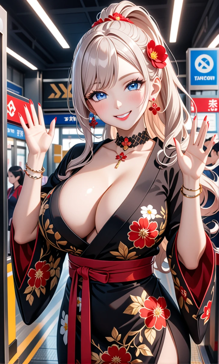 ultra-detailed, ((one girl)), (pale skin:1.3), in pastel colors gyaru, hyper detailed, absurdres, 8K, fair skin, Beautiful Face, (heavy makeup),  (Laugh shyly), ((teasing smile:1.8)), ((Wink:1.6)), (Laugh with your mouth wide open),((Tilt your head:1.6)), View your viewers, ((Bright red cheeks:1.6)),Glossy Red Lips, ((blue eyes)), ((Big Breasts:1.5)), ((show off breast), noon, Station ticket gates,  ((Anime style background)),masterpiece, Highest quality, so beautiful,Latest, Complex details, (Pink long nails), (nail art), (ring),(bracelet), (Floral choker),AI-generated, Complex,High resolution, Highest quality, super high quality,3D Images、3D Images,One person,long white hair,(High Ponytail), (wavy hair:1.1), Anime woman posing for a photo, ((Fine grain、blue eyes、glowing eyes:1.4)), (Squint your eyes:1.1),a hyperRealistic , hyperRealistic , Realistic,Anime woman with long white, Smooth anime CG art, Girl in black kimono, Gold embroidery, ((black furisode)),(Large floral pattern)  Long flower hair ornament,Floral Earrings,Mature Body, tall,Abdominal muscles,Narrow waist,((waving at viewer:1.3)), (front view),