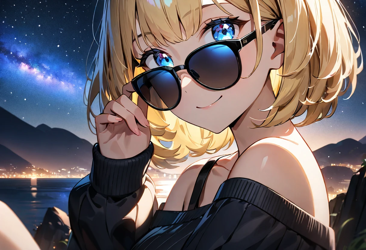 ((grin)), ((off-shoulder sweater:1.3, Quite thick shoulder straps)), ((black sweater)), ((blond hair, bob cut:1.3)), ((sunglasses, hand to sunglasses)), (((from side))), ((((upper body)))), bare legs, ((Leaning to side)), (((a beautiful starry sky, the Milky Way shining beautifully in the night))), ((sitting on the very high cliff)), wavy hair, inward curled hair, ((sea, nature)), breasts, ager, (looking at viewer), oversized clothes, puffy long sleeves, collarbone, head tilt:1.3, (((blue eyes))), happy smile, (((anime style))), (best quality, 4K, 8K, highres, masterpiece:1.2, ultra-detailed, ultra-detailed eyes, HDR, uhd, studio lighting, ultra-fine painting, sharp focus, physically-based rendering, extreme detail description, professional, vivid colors, bokeh)