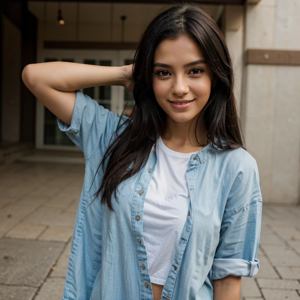 woman posing for a photo tumblr, realism, cute girl with long black hair, cute casual clothes, tan-skin, model body, staring at the camera, shy look, Her name is Eva Valentina Ruiz Diaz, winking and smiling