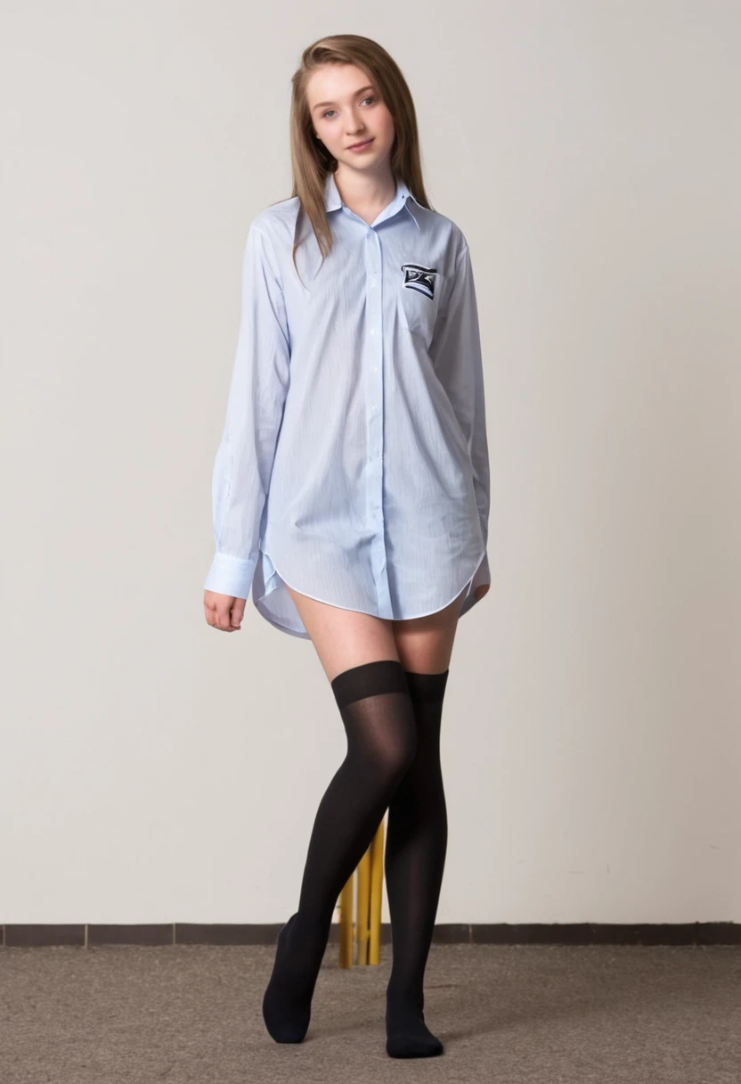 a 20 year old white woman, in a high school shirt, loose shirt, thin knee length shirt, stockings, no skirt.