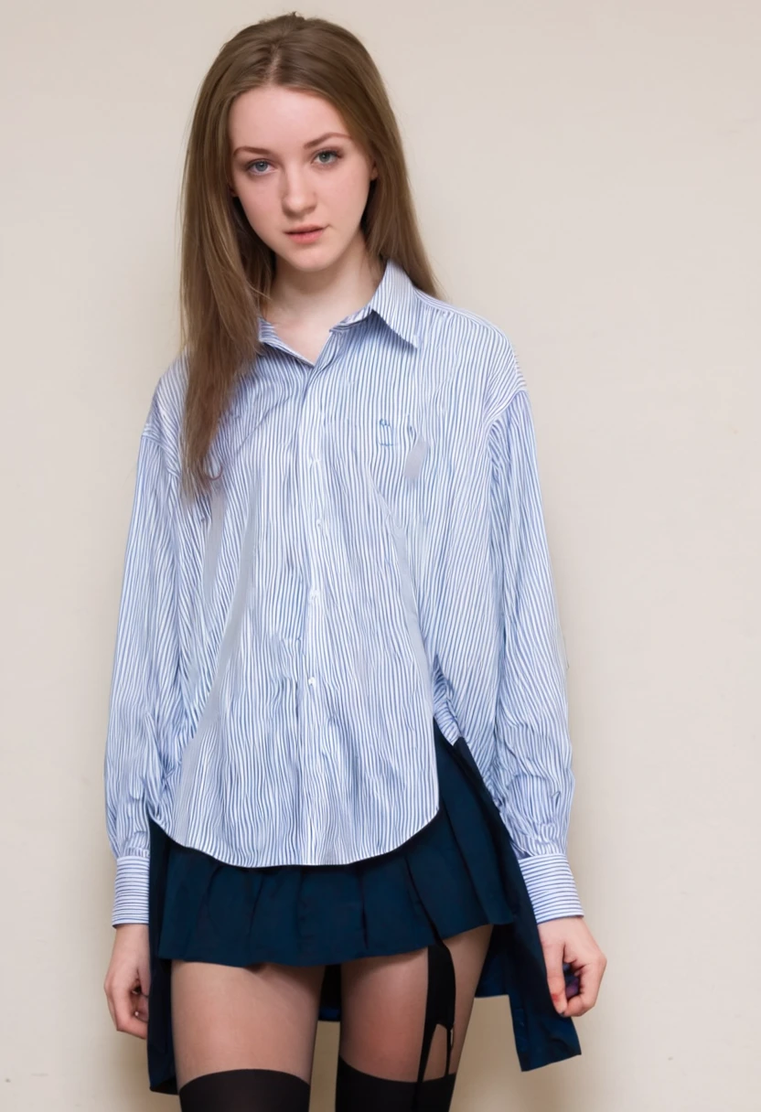 a 20 year old white woman, in a high school shirt, loose shirt, thin knee length shirt, stockings, no skirt.