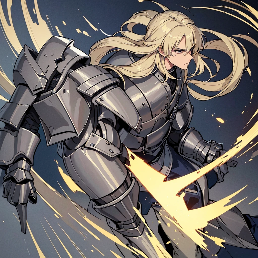 ((((Solo))))、Highest quality, Best Quality, Best illustrations, (((Grey Armor)))、(((Blond long hair man、Long-haired man、male、24-years-old、Cool guy)))、(Medieval Knight)、(Navy blue trousers)、(get annoyed)、Medieval town、Cowboy Shot、front